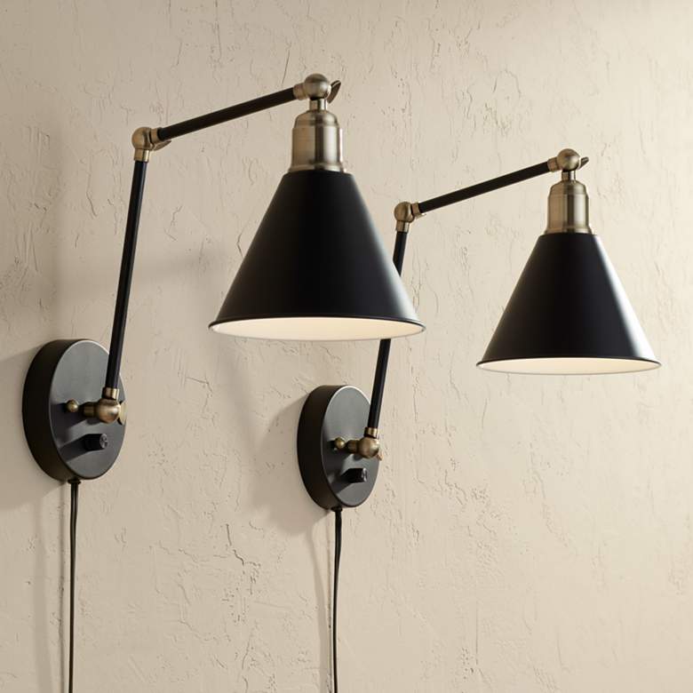 Image 2 360 Lighting Wray Black and Antique Brass Plug-In Wall Lamps Set of 2