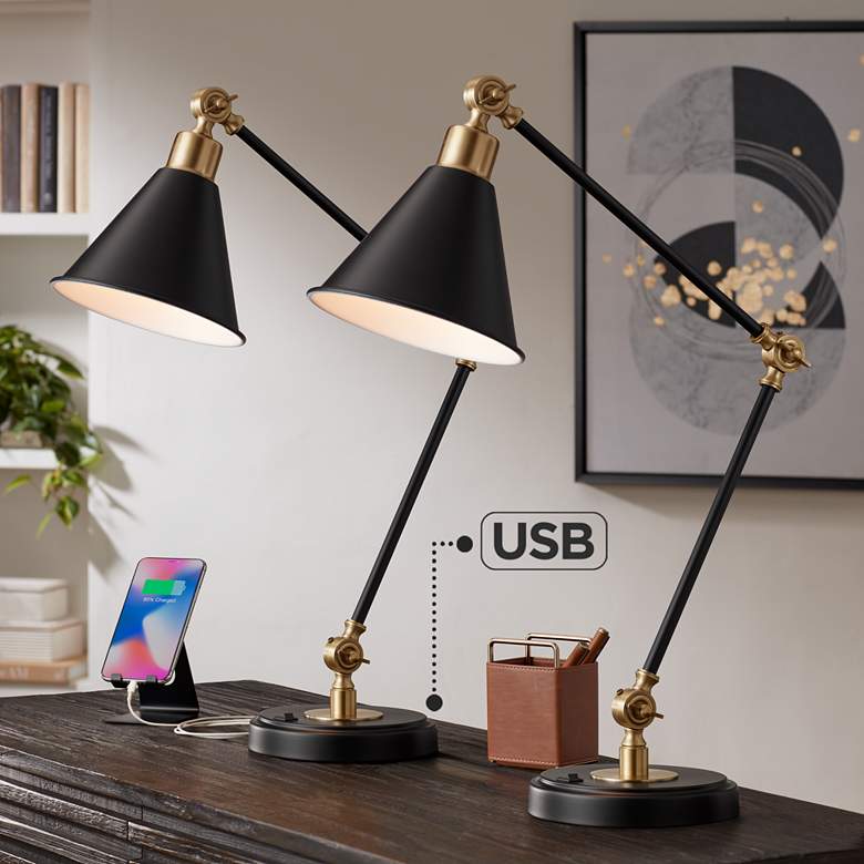 Image 1 360 Lighting Wray Black and Brass Adjustable USB Desk Lamps Set of 2