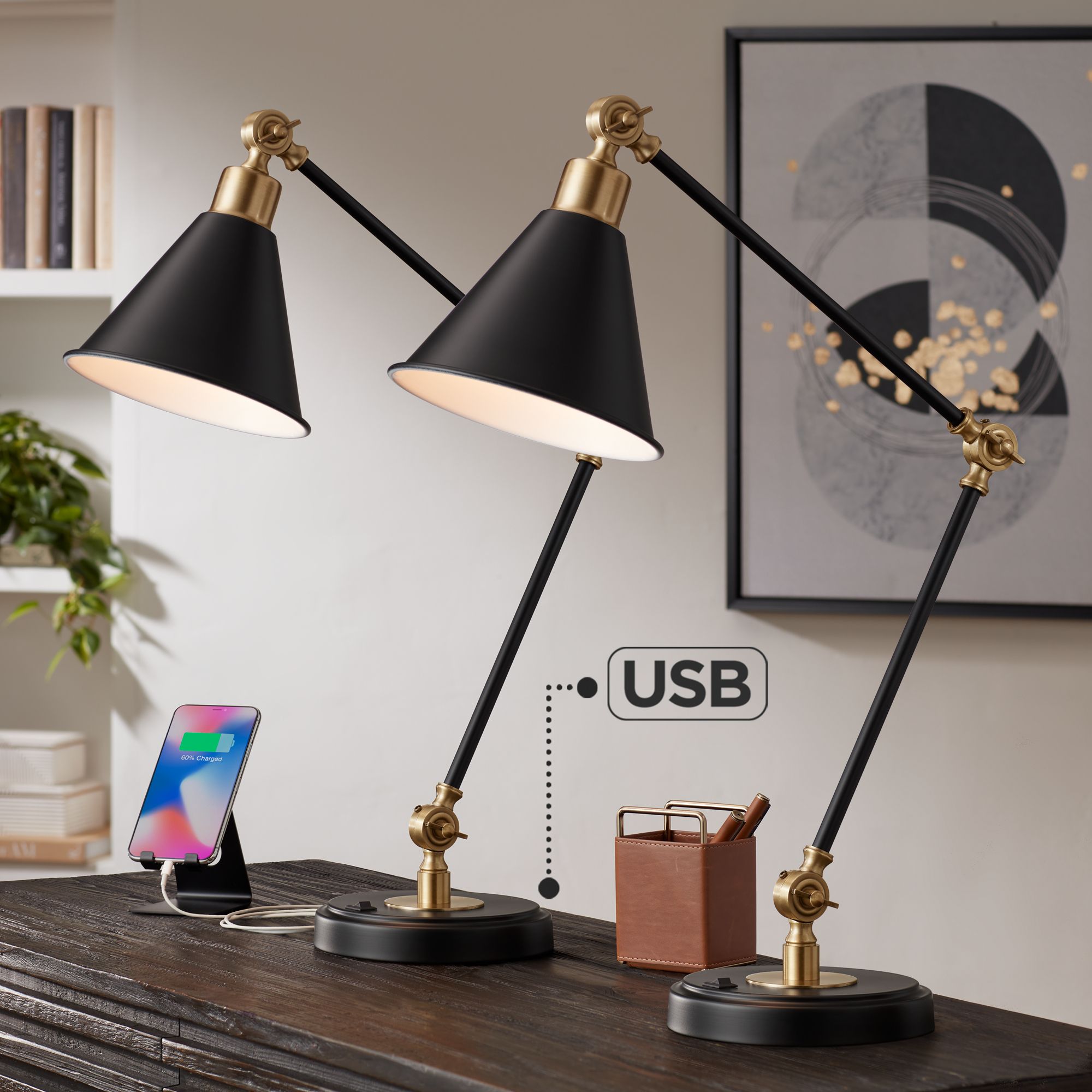 360 Lighting Wray Black and Brass Adjustable USB Desk Lamps Set of 2 in scene
