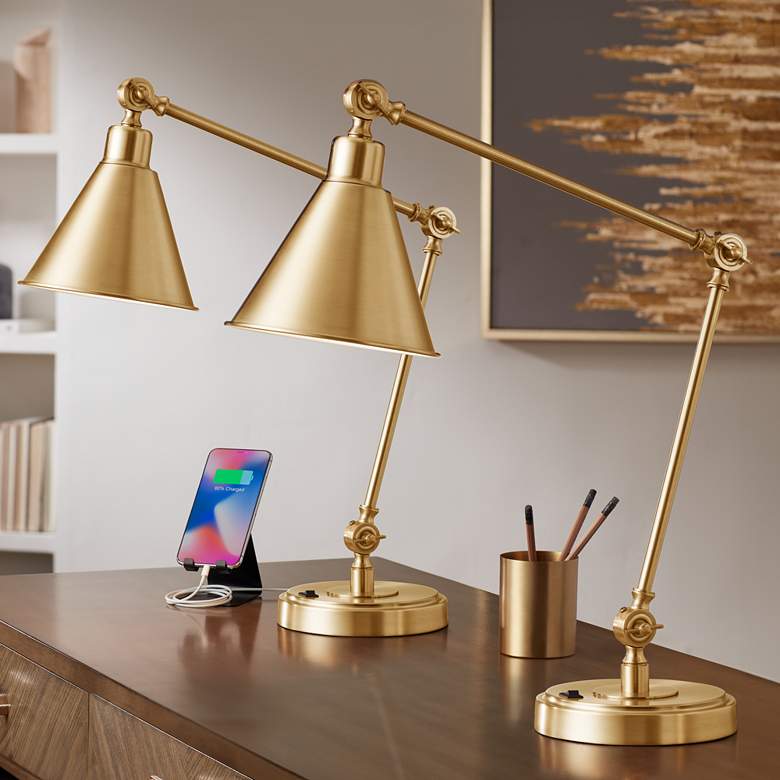 Image 1 360 Lighting Wray Warm Antique Gold Adjustable USB Desk Lamps Set of 2
