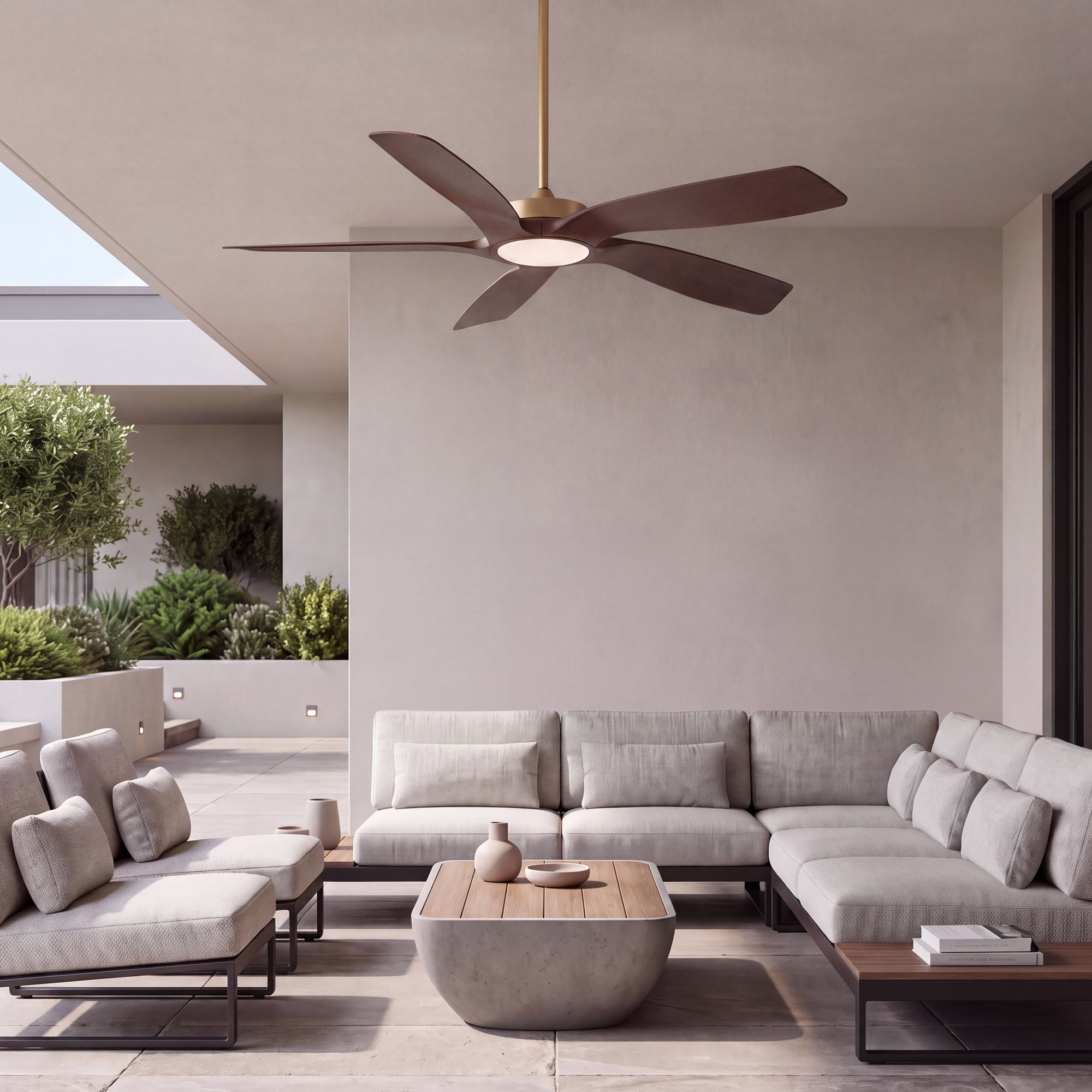 Image 1 56" Casa Vieja Mach-5 Soft Brass LED Damp Ceiling Fan with Remote in scene