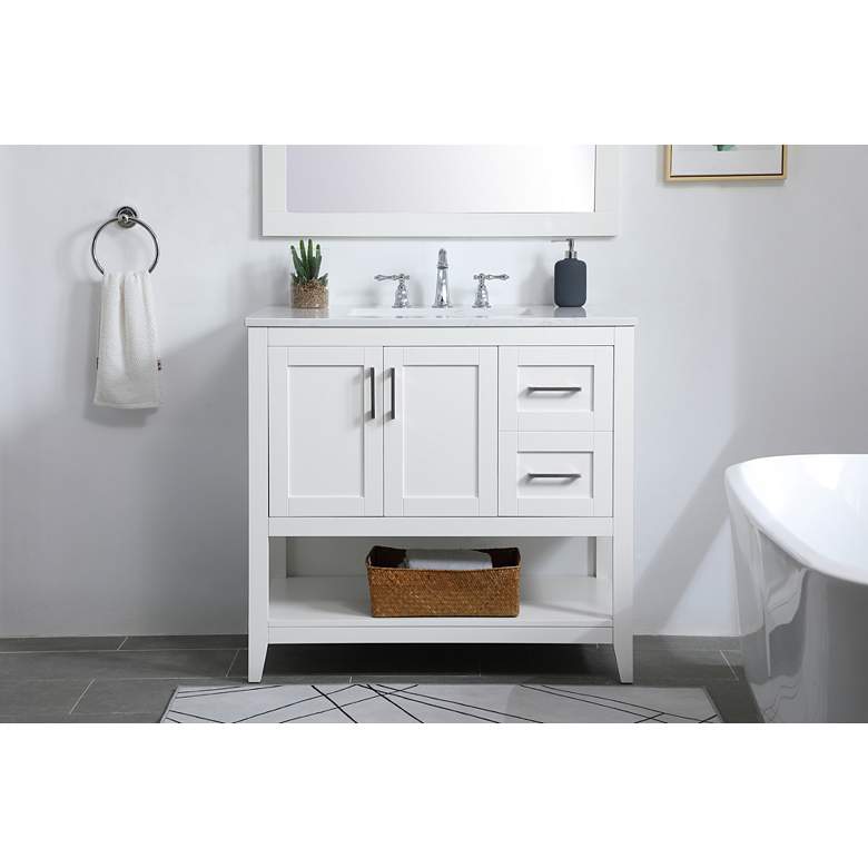 Image 1 36-Inch White Single Sink Bathroom Vanity With White Calacatta Quartz Top in scene