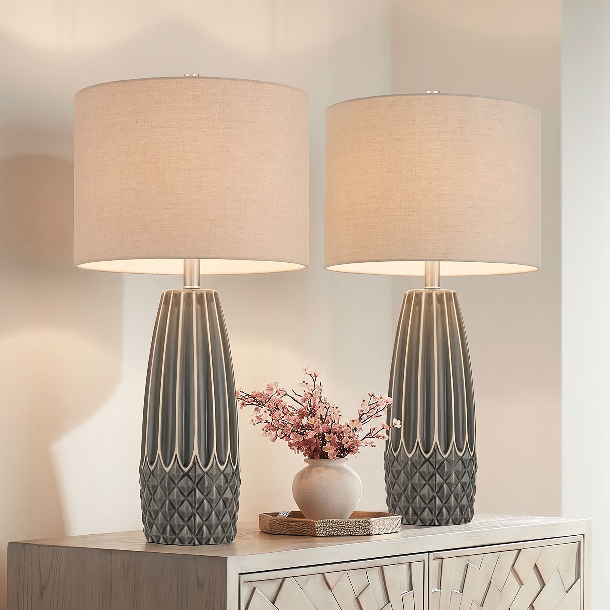 Image 1 Olsen 26 1/2" High Charcoal Gray Stripe Ceramic Table Lamp Set of 2 in scene