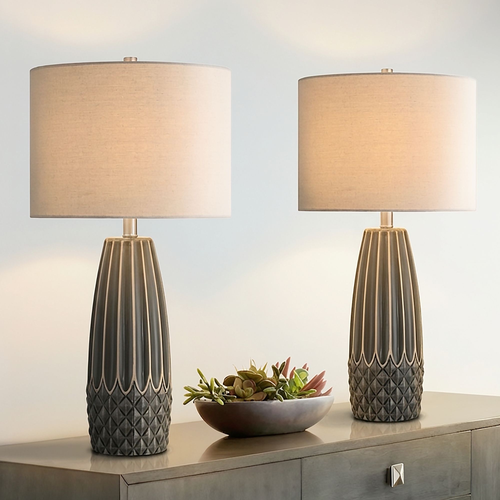 Image 1 Olsen 26 1/2" High Charcoal Gray Stripe Ceramic Table Lamp Set of 2 in scene