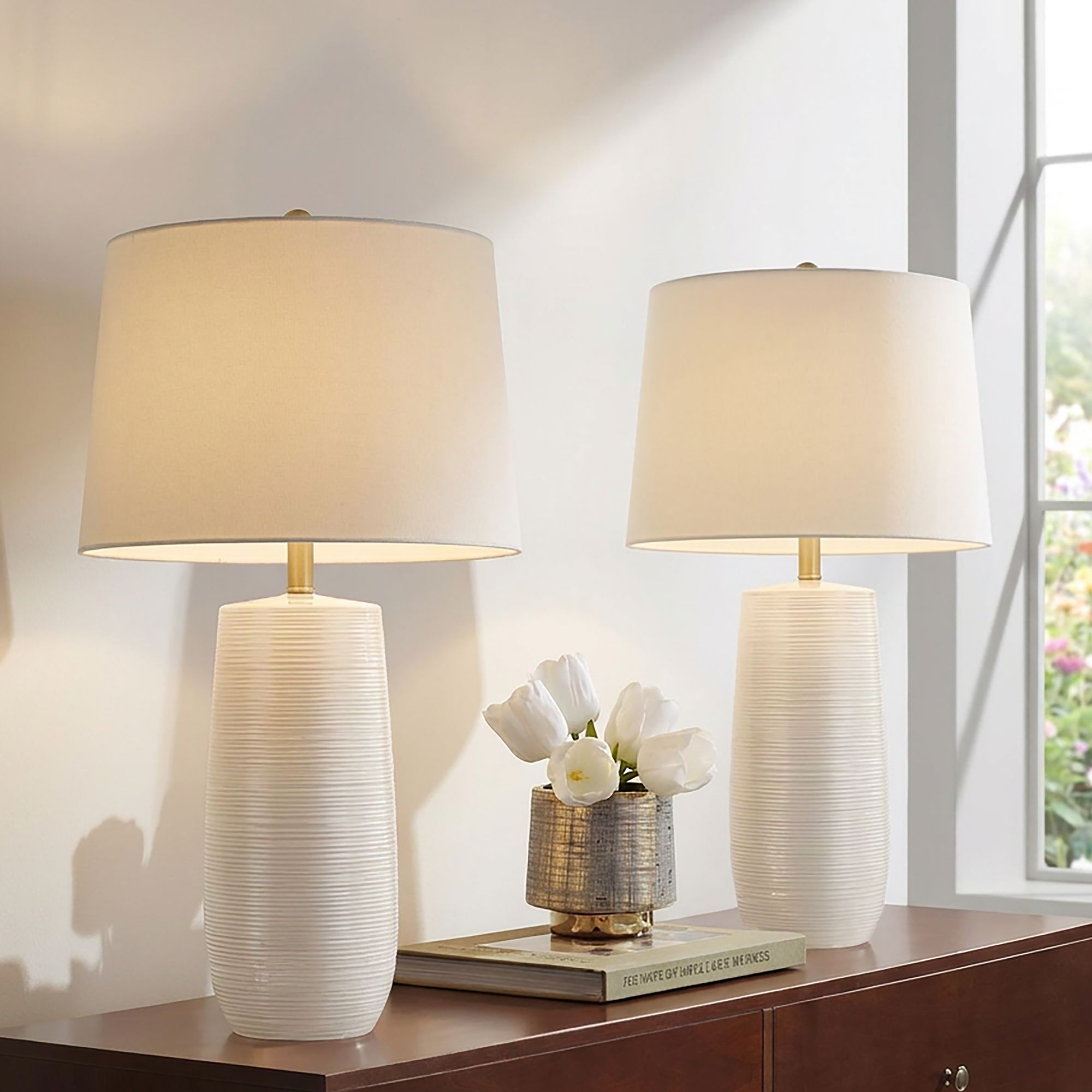 Image 1 Kerry 28 1/2" High Light Taupe Stripes Ceramic Table Lamp Set of 2 in scene