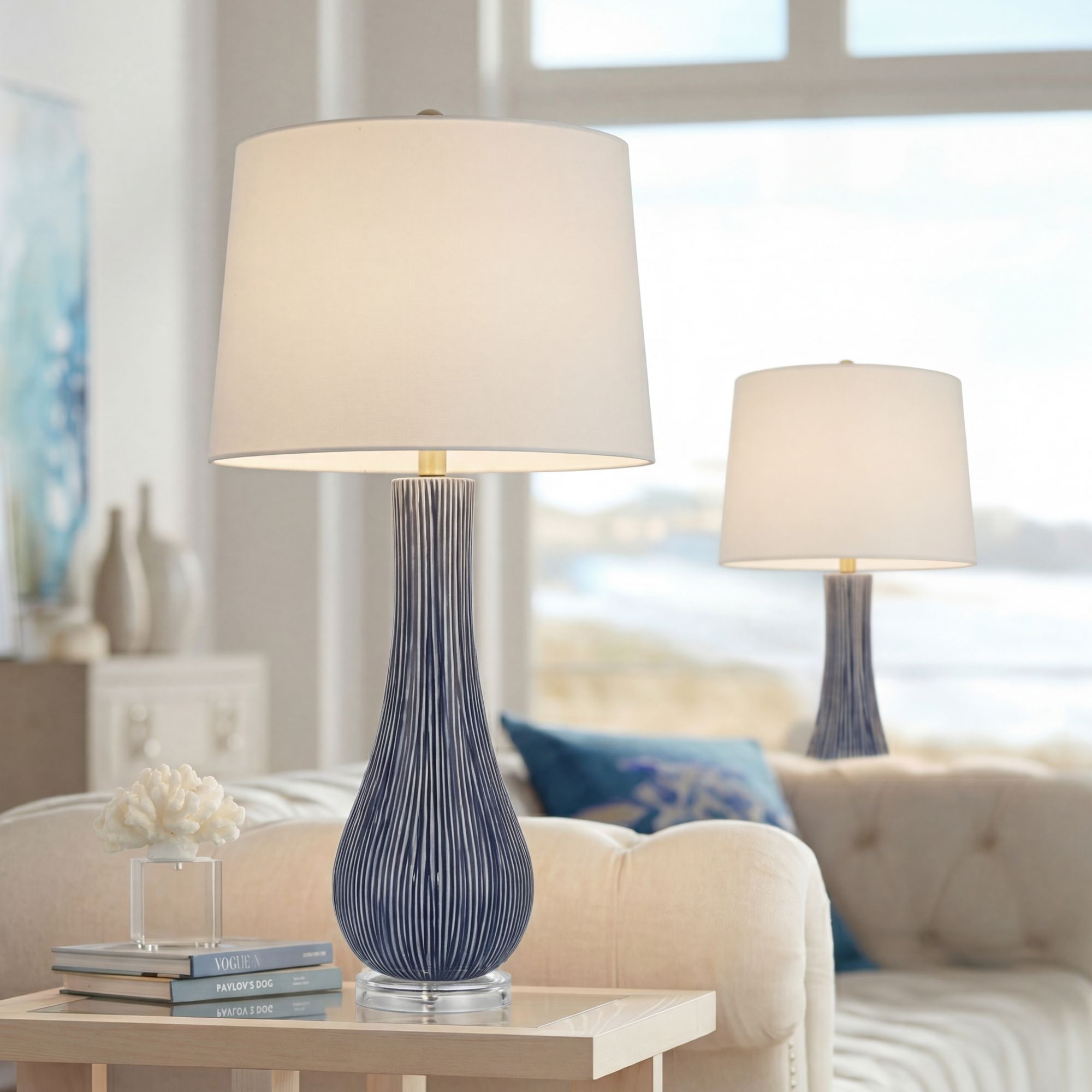 Thumbnail1 of Shannon 30 1/2" High Blue Stripe Ceramic Gourd Table Lamp Set of 2 in scene