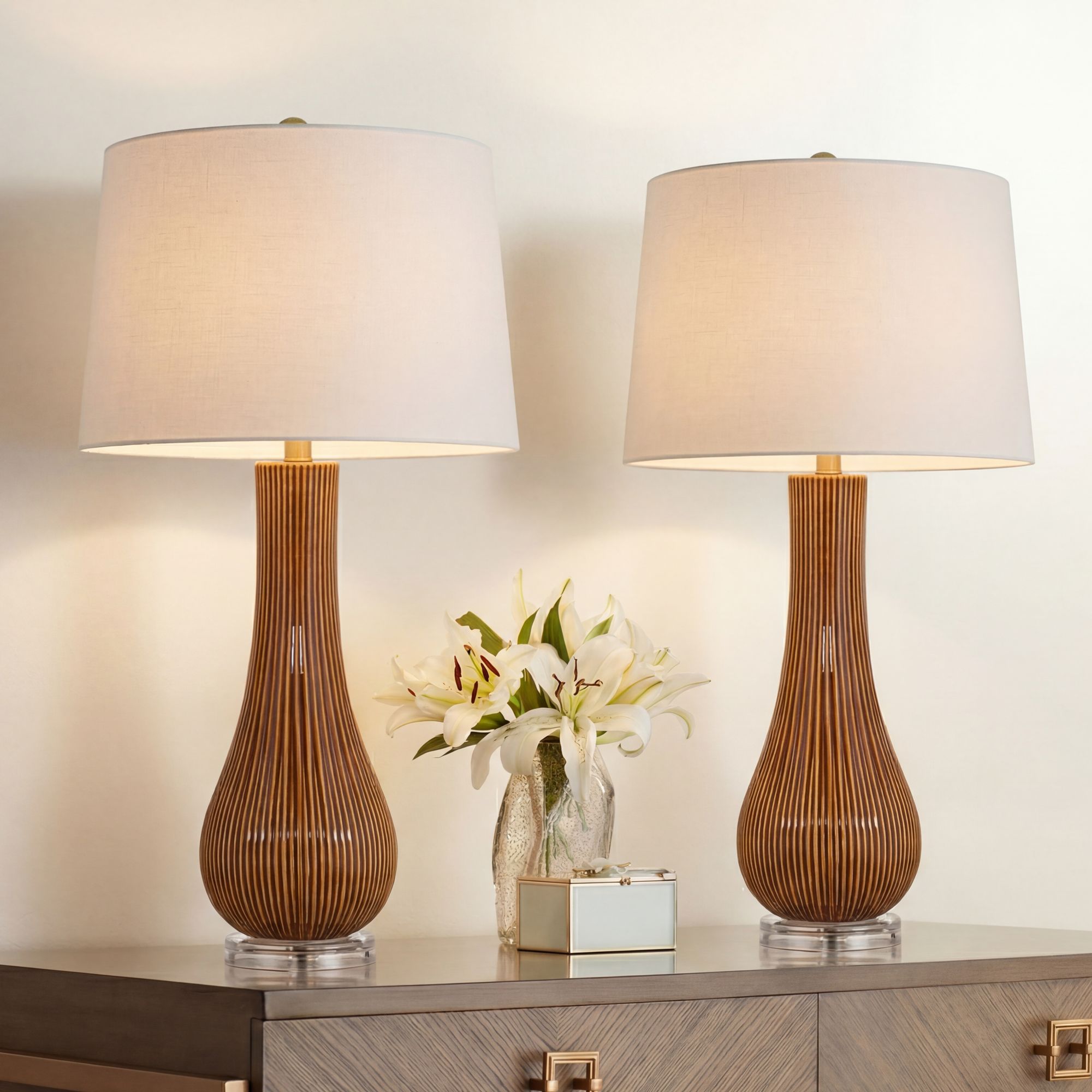 Image 1 Shannon 30 1/2" High Brown Stripe Ceramic Gourd Table Lamp Set of 2 in scene