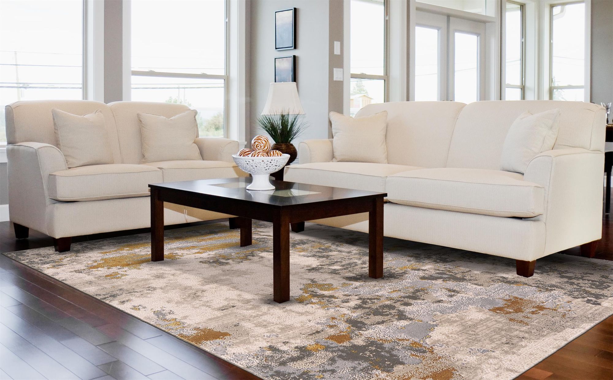 Thumbnail1 of Waldor 7353970 8'x11' Gold Ivory Metallic Abstract Area Rug in scene