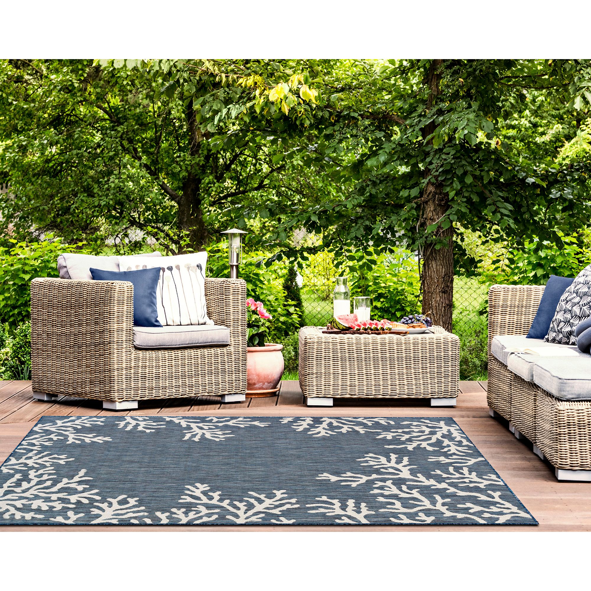 Thumbnail1 of Carmel Coral Border 844833 Navy Indoor/Outdoor Area Rug in scene