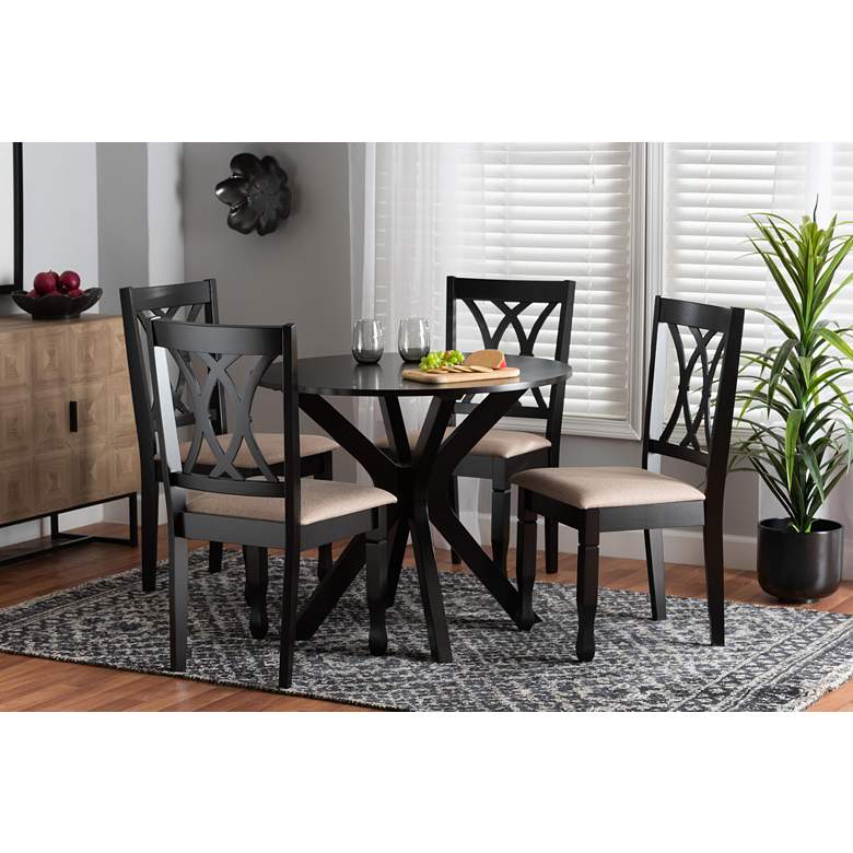 Image 1 Maya Espresso Brown Wood Beige Fabric 5-Piece Dining Set in scene