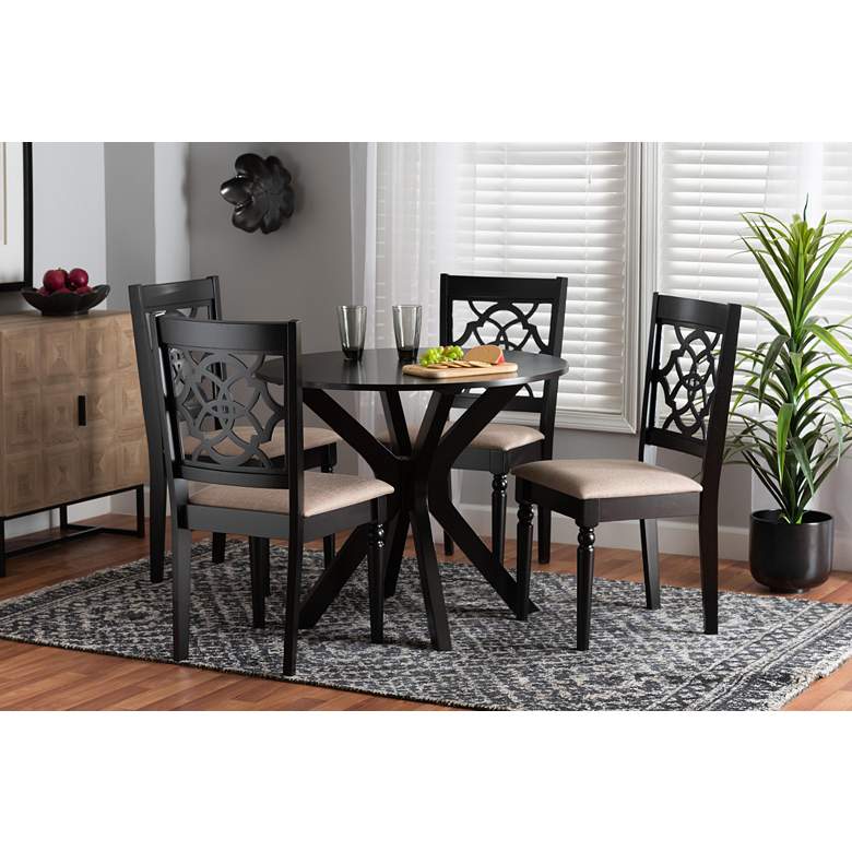 Image 1 Sadie Espresso Brown Wood Beige Fabric 5-Piece Dining Set in scene