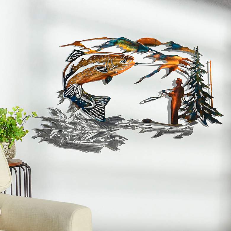 Image 6 39" x 24" Fishing Laser Cut & Heat Colored Metal Wall Art more views