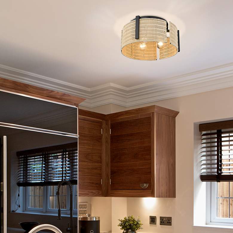 Image 1 Grove 14"W Matte Black Natural 3-Light Wicker Ceiling Light in scene