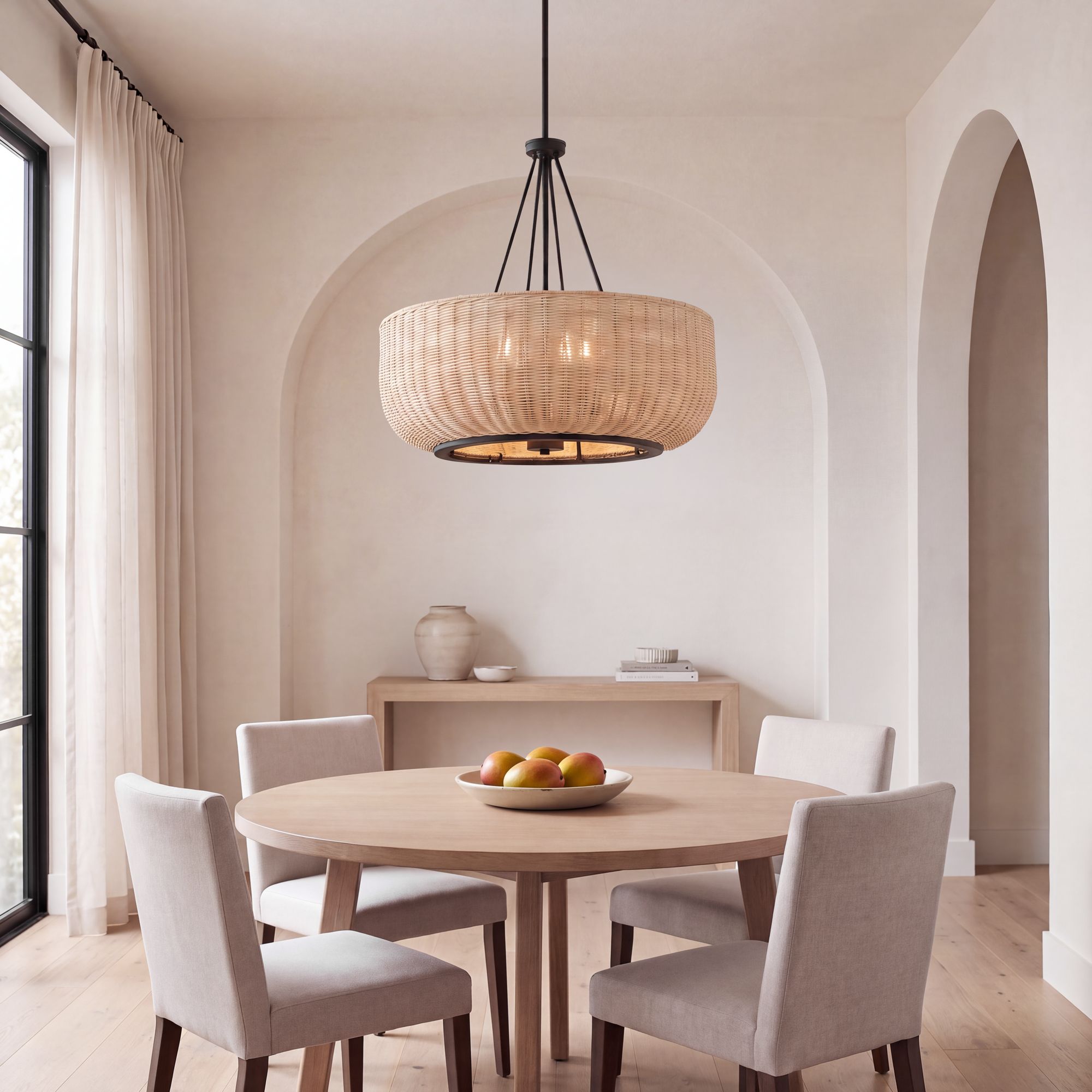 Image 1 Possini Euro Duende 22" Wide Matte Black and Wicker 4-Light Chandelier in scene