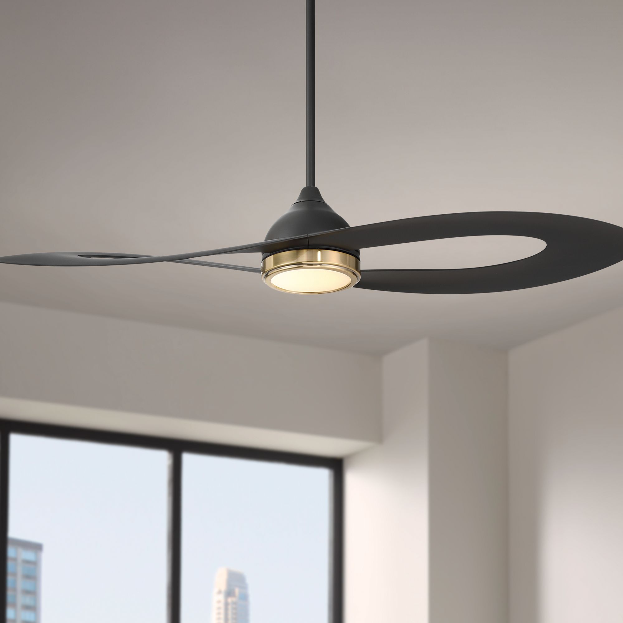 Image 1 52" Possini Euro Obi Matte Black CCT LED Damp Ceiling Fan with Remote in scene