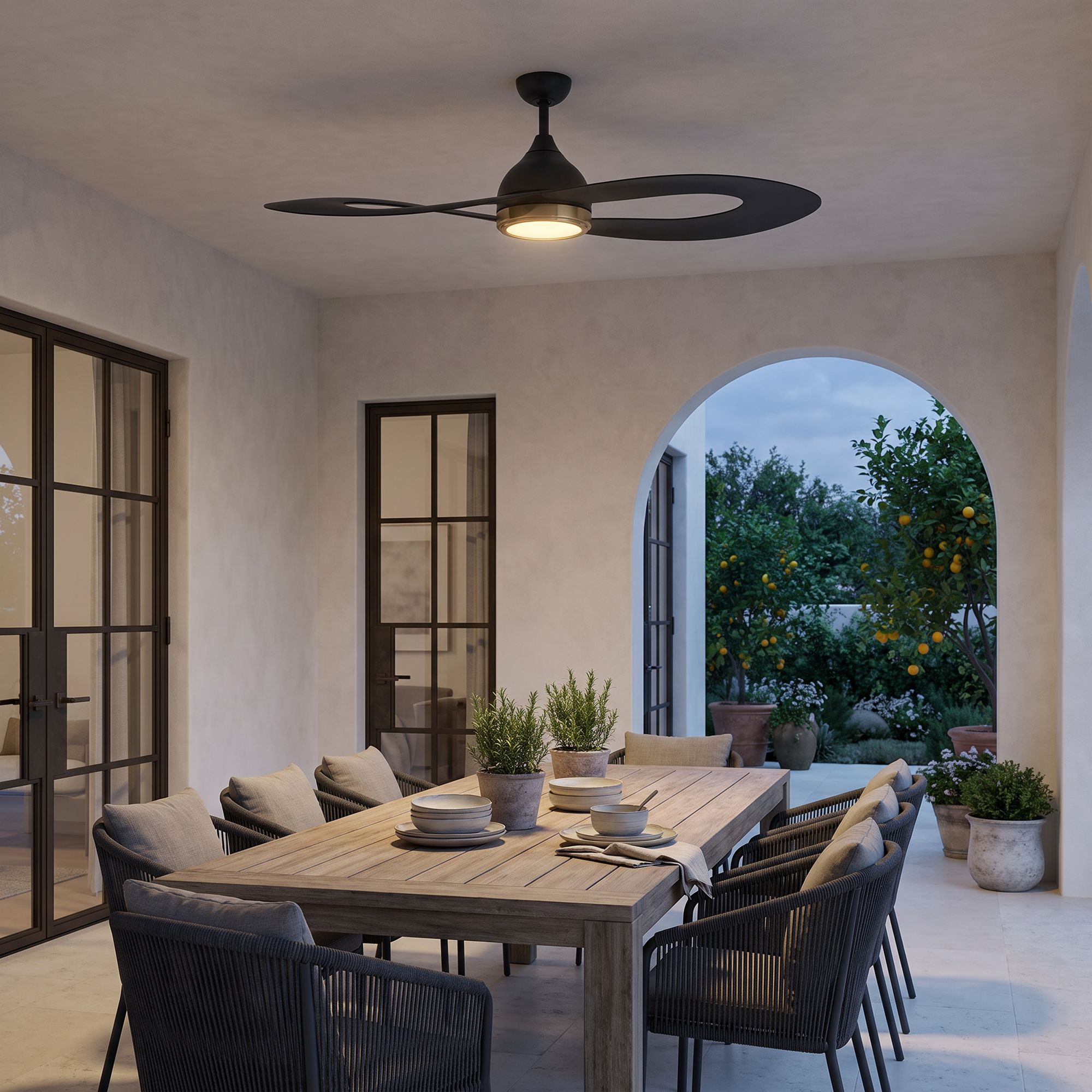 Image 1 52" Possini Euro Obi Matte Black CCT LED Damp Ceiling Fan with Remote in scene