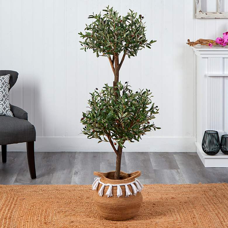 Image 1 4.5ft. Artificial Olive Double Topiary Tree with Handmade Basket
