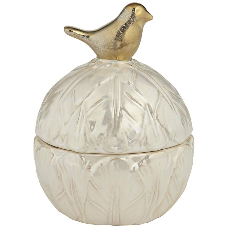 Image 3 4 1/2 inch Spar Shiny Pearlized White Decorative Jar with Gold Lid
