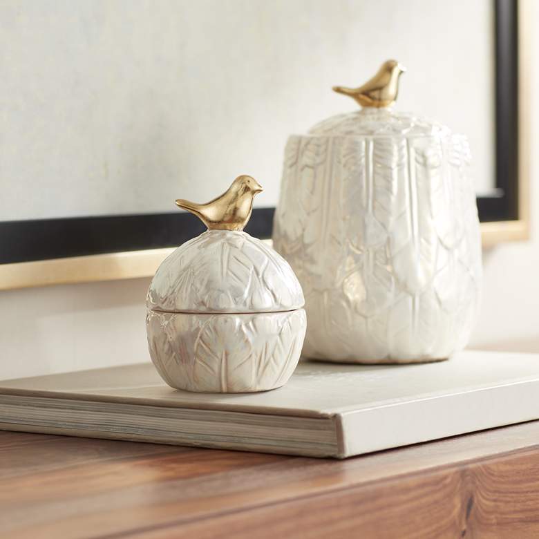 Image 1 4 1/2" Spar Shiny Pearlized White Decorative Jar with Gold Lid