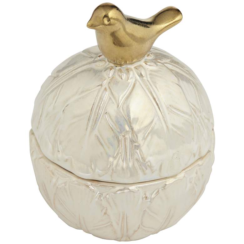 Image 6 4 1/2 inch Spar Shiny Pearlized White Decorative Jar with Gold Lid more views