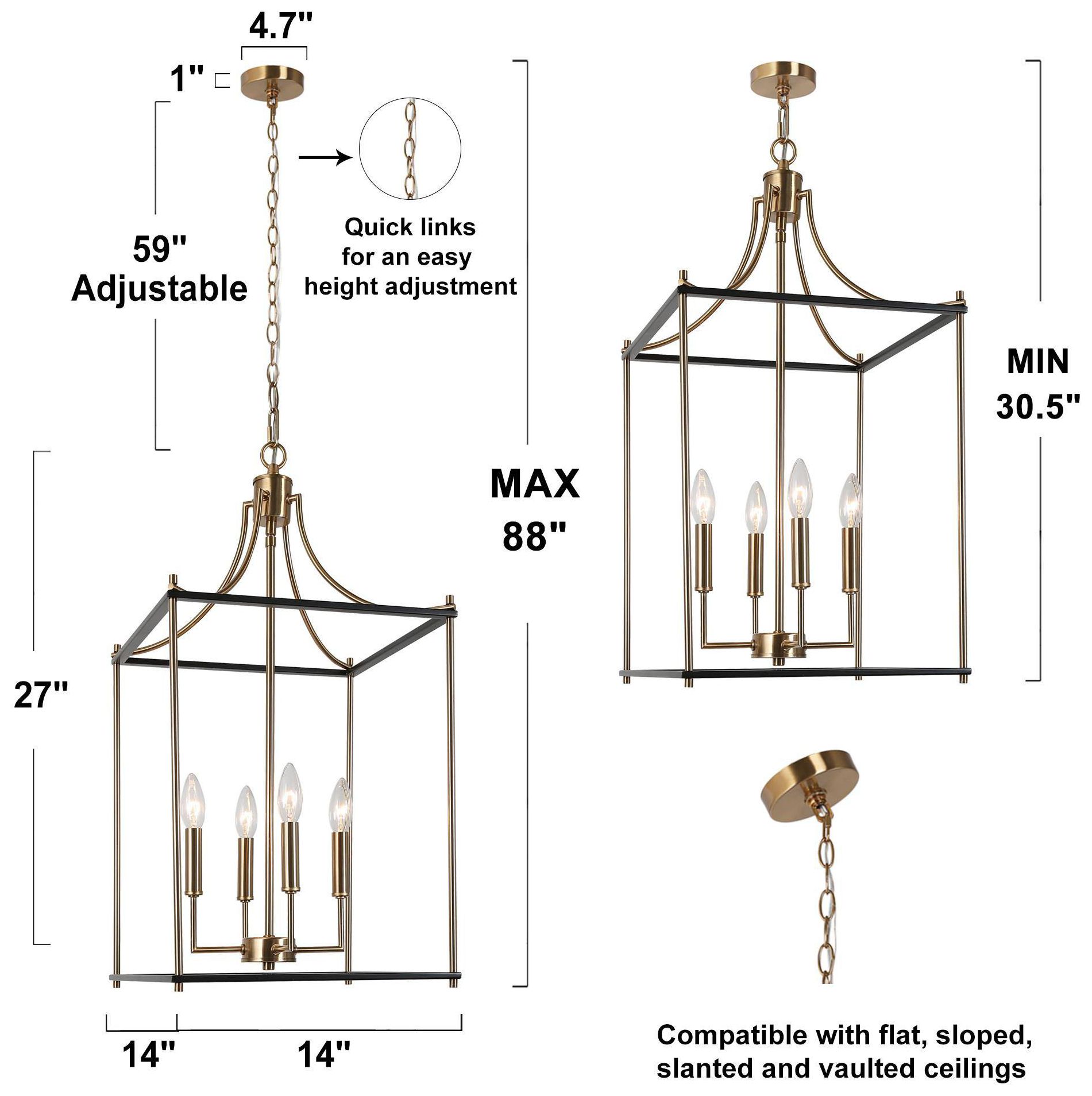 4-Light 14.2"W Rectangle Matt Black and Plated Brass Chandeliers