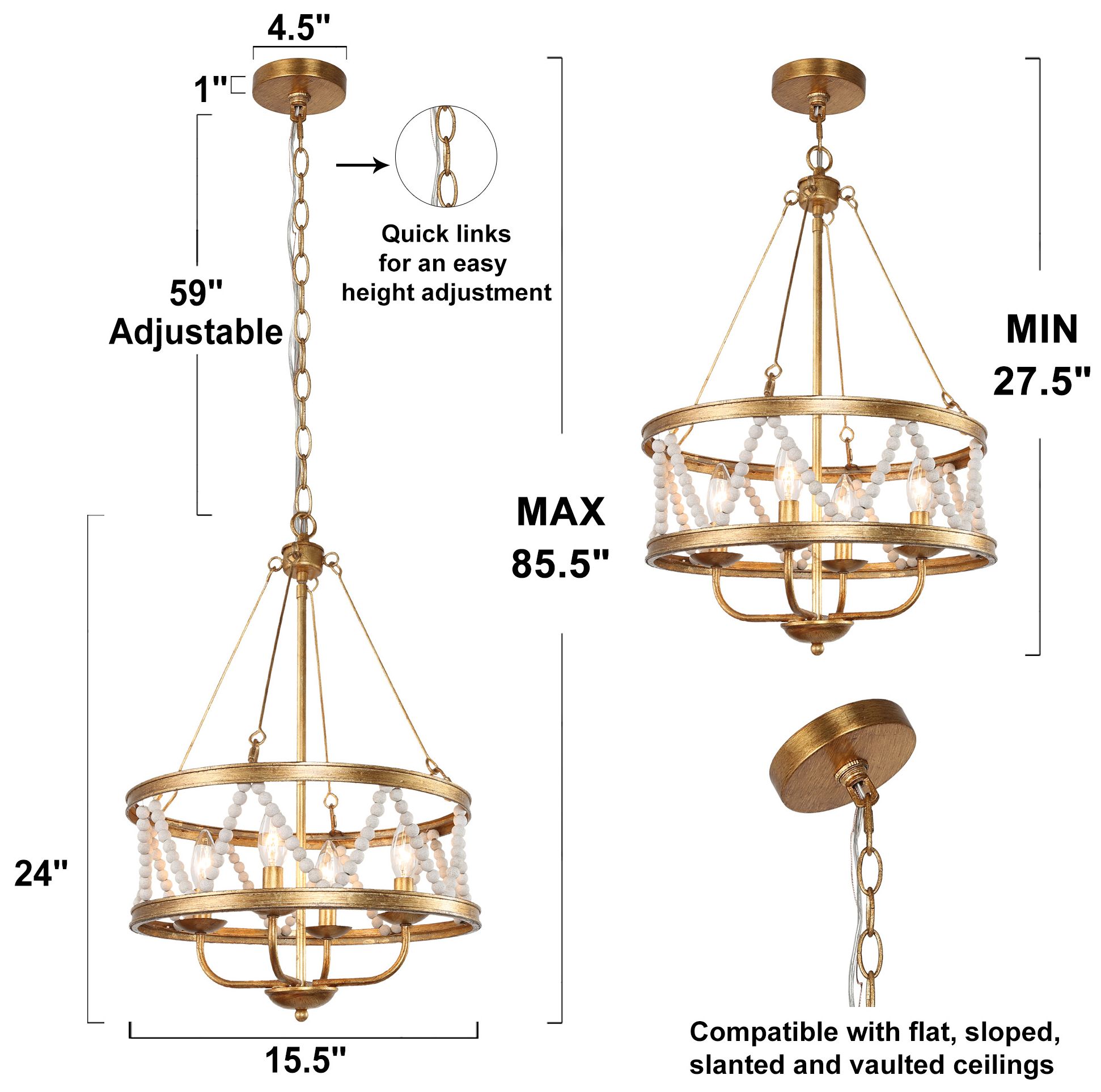 Image 5 4-Light 15.7"W Drum Gold Foil Chandeliers more views