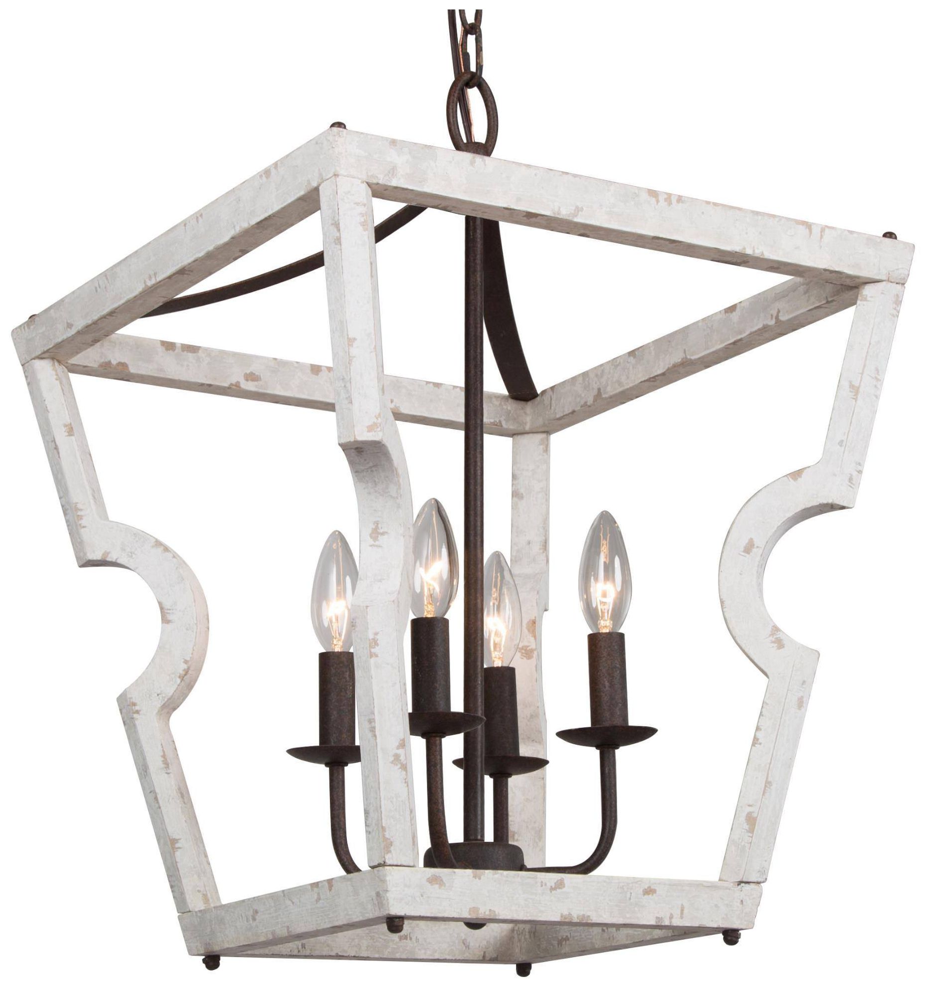 4-Light 15.9"W Rectangle Weathered White Wood and Rust Bronze Chandeliers