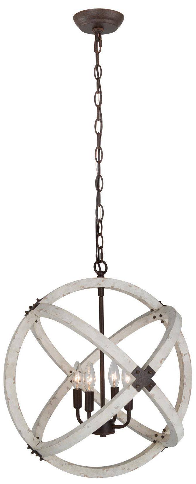 4-Light 20.1"W Globe Weathered White Wood and Rust Bronze Chandeliers