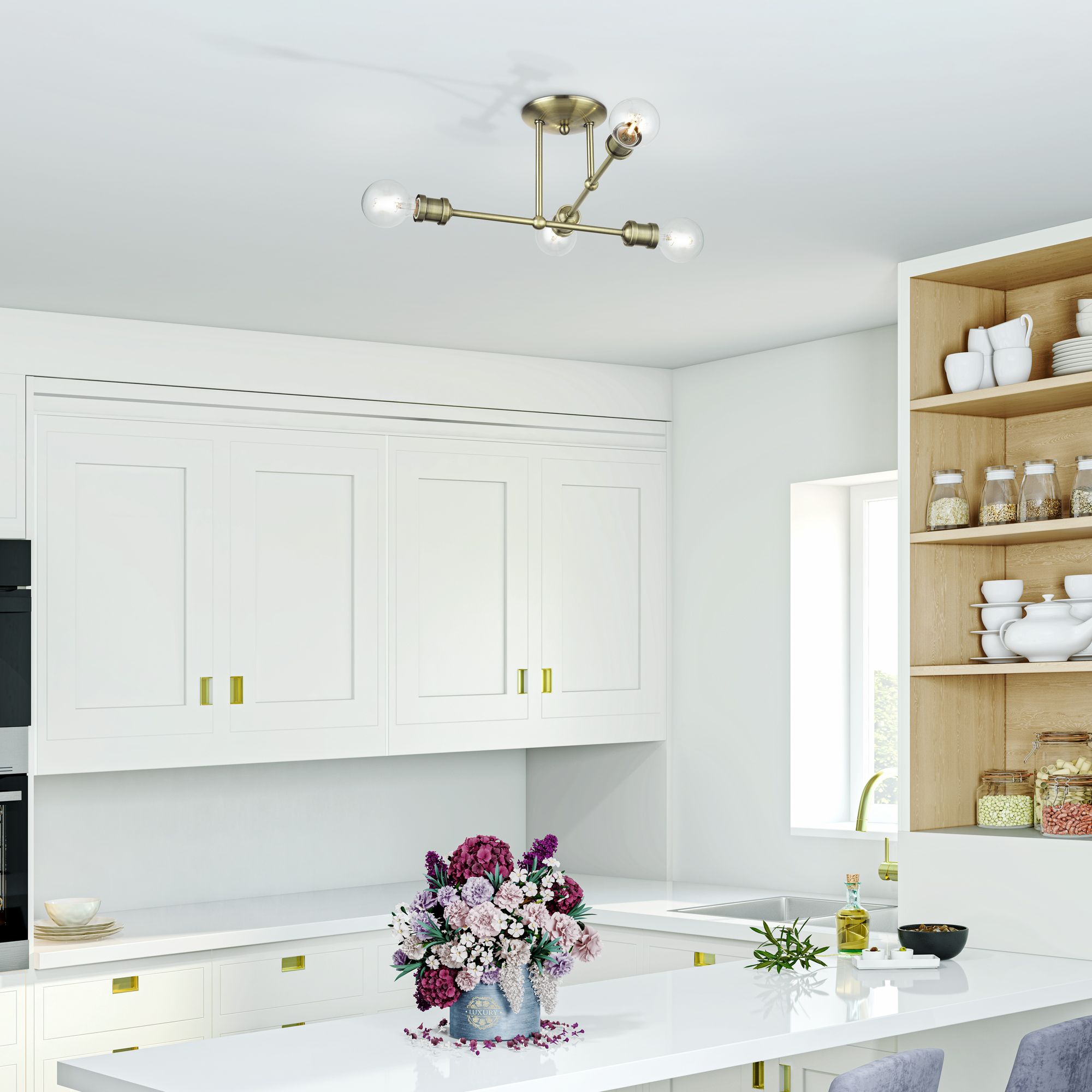 4 Light Antique Brass Large Semi-Flush