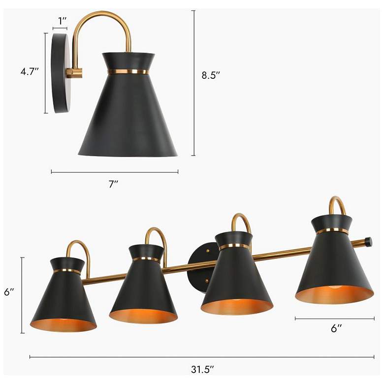 Image 2 4-Light Black and Brass Bathroom Wall Sconce more views
