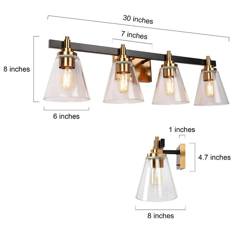 Image 2 4-Light Brass Gold Bathroom Vanity Light with Cone Clear Glass more views