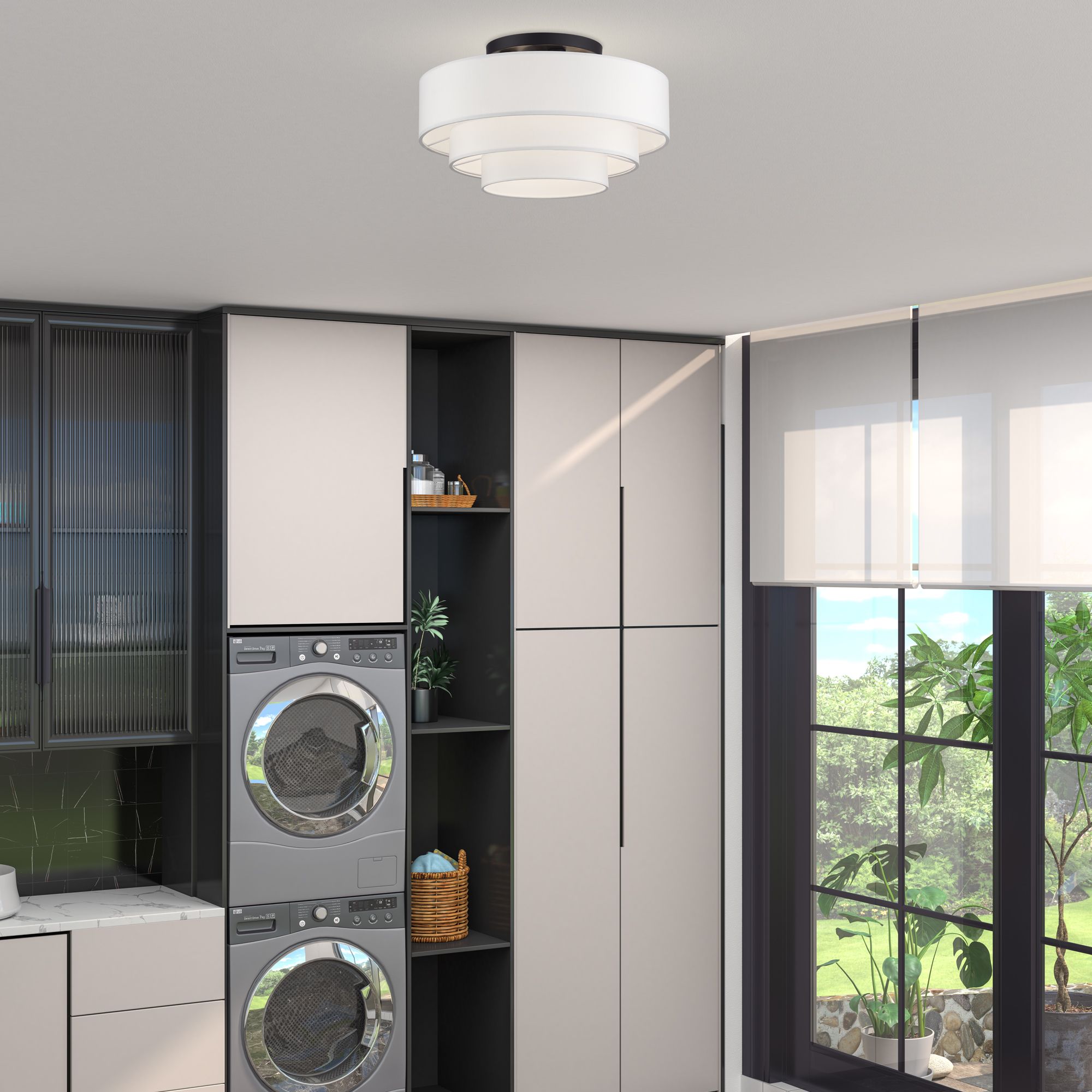 4 Light Bronze Extra Large Semi-Flush with Off-White Shades