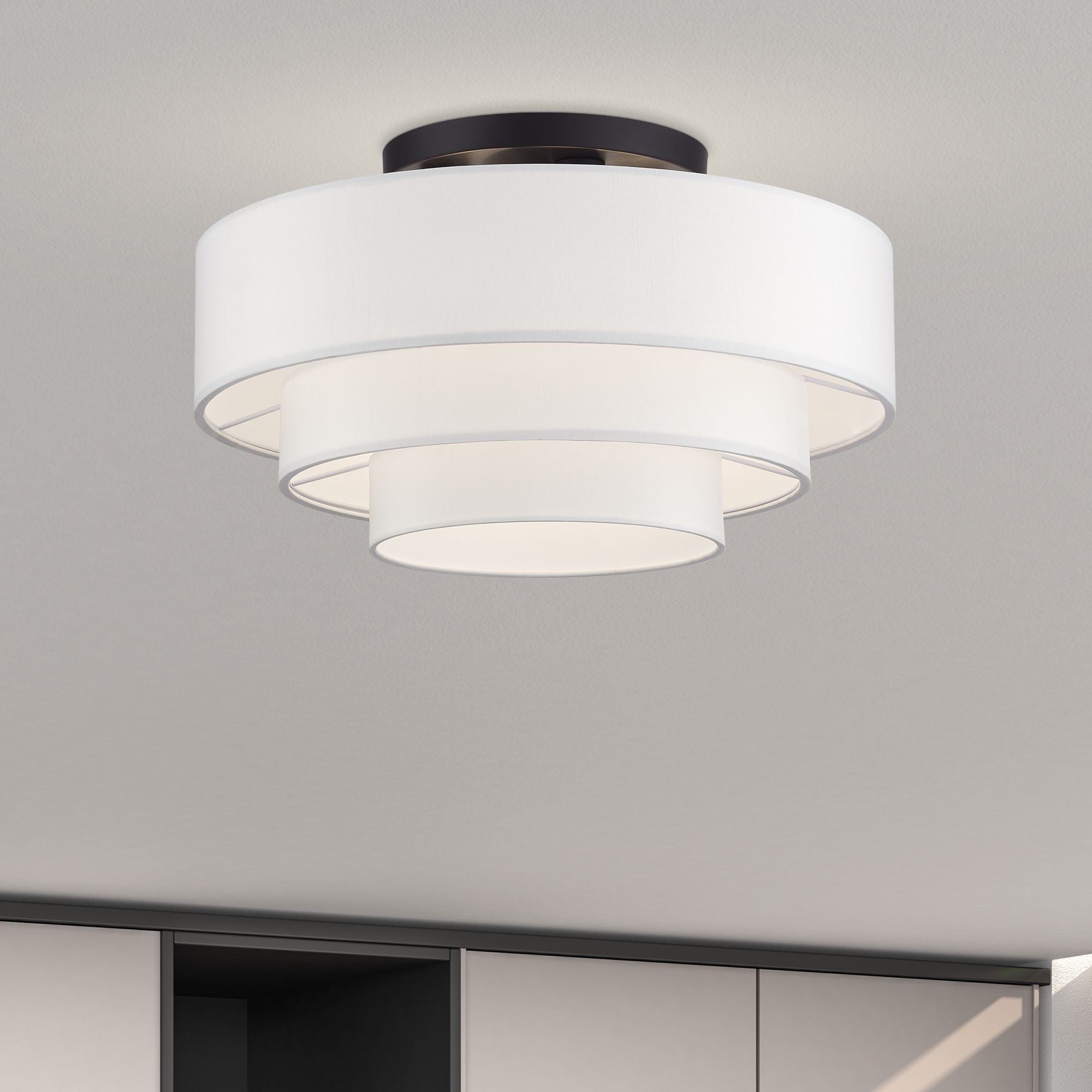 4 Light Bronze Extra Large Semi-Flush with Off-White Shades