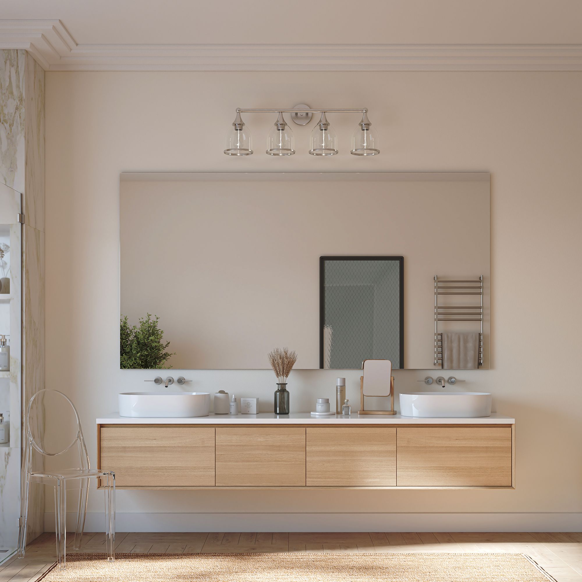 4 Light Brushed Nickel Large Vanity Sconce with Mouth Blown Clear Glass