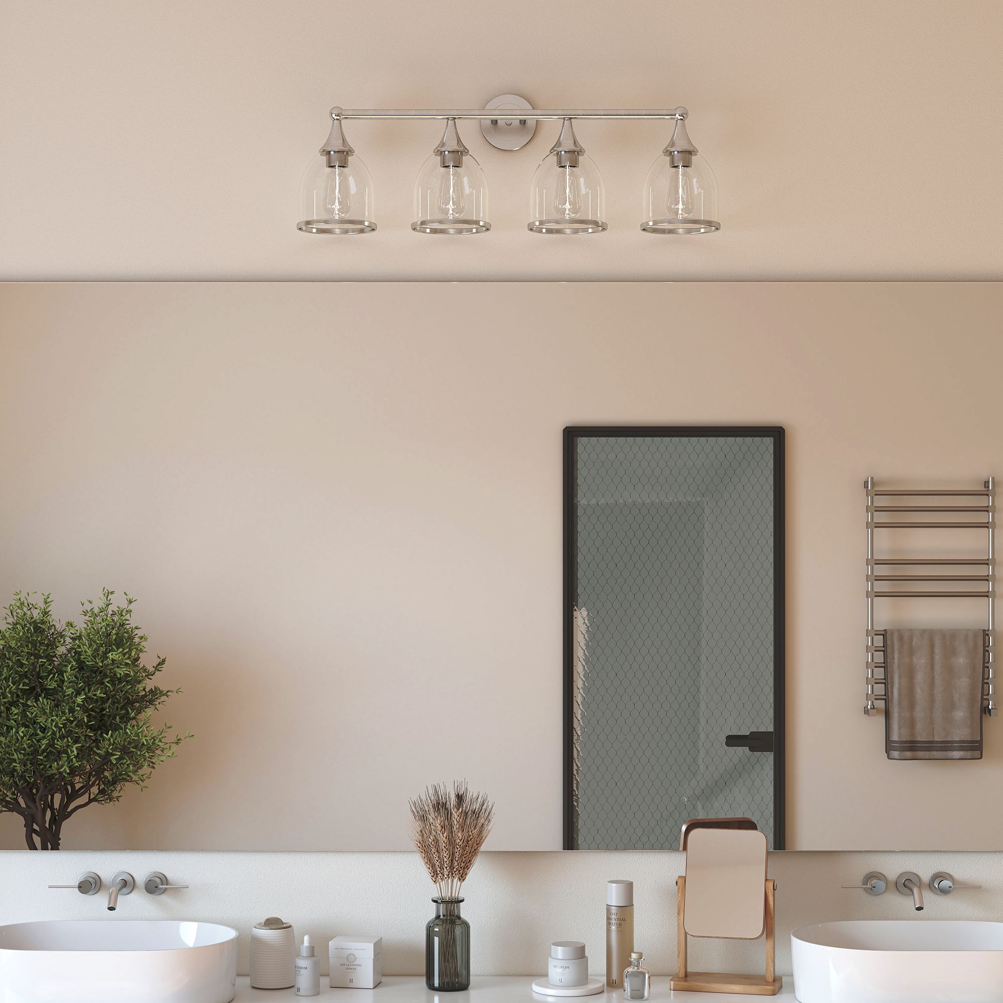 4 Light Brushed Nickel Large Vanity Sconce with Mouth Blown Clear Glass