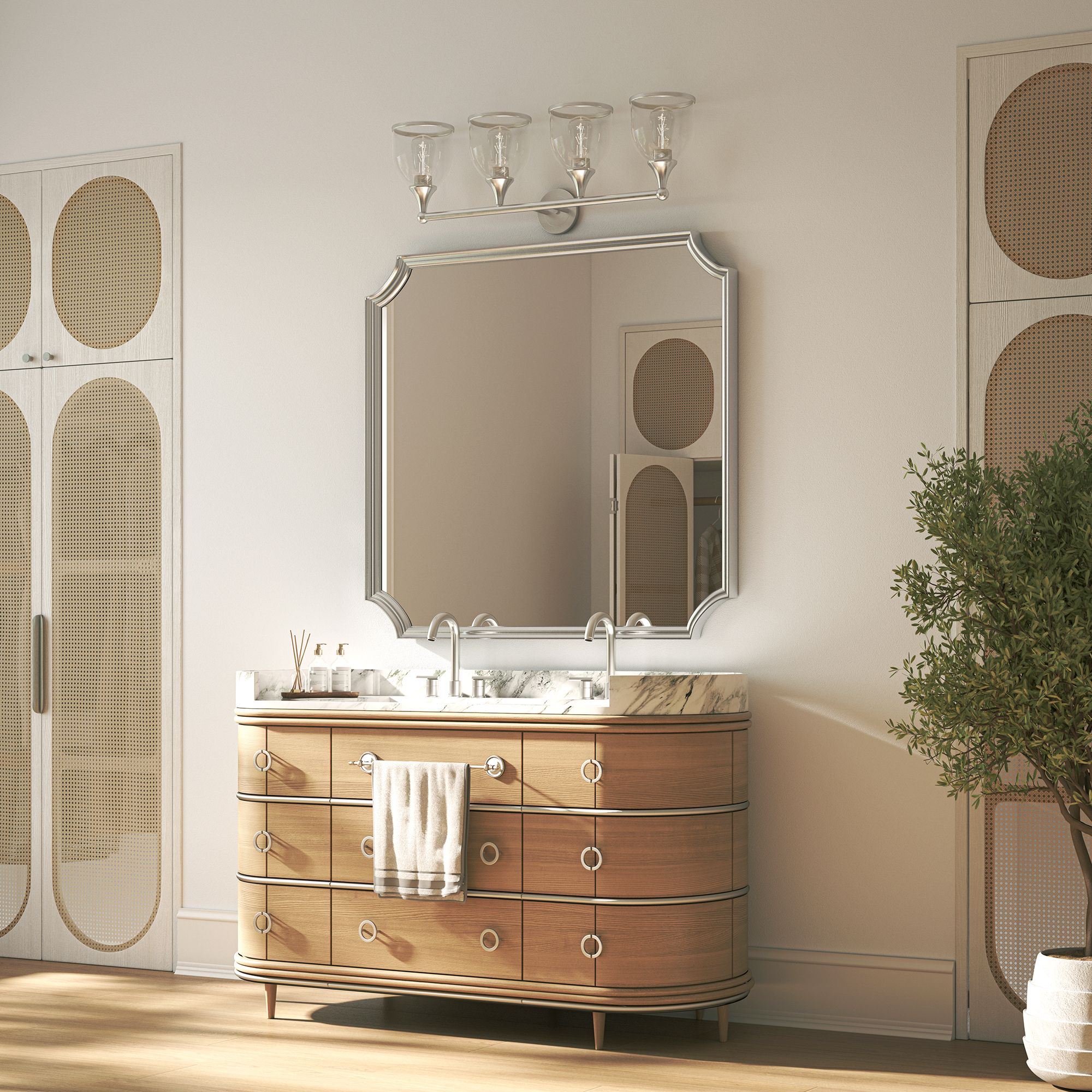 4 Light Brushed Nickel Large Vanity Sconce with Mouth Blown Clear Glass