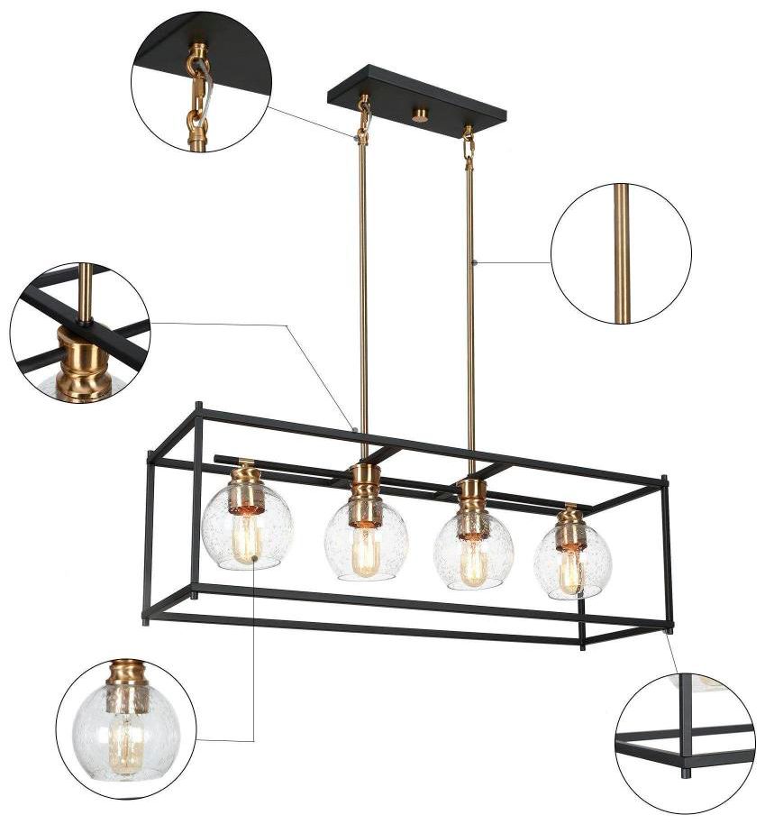 Image 4 4-Light Matte Black and Plating Brass Island Lamp with Seeded Glass more views