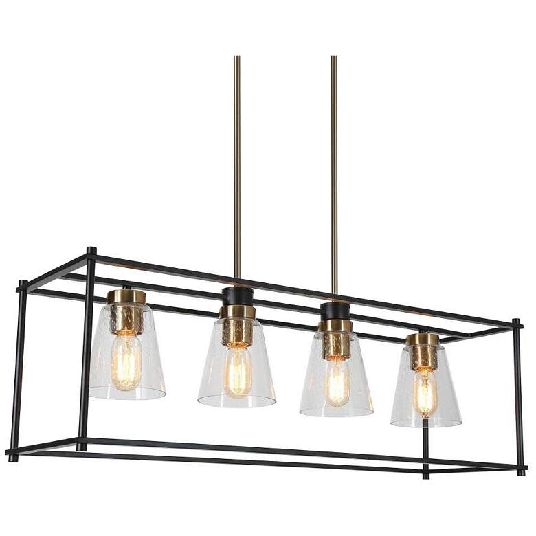 Image 1 4-Light Matte Black and Plating Brass Island Lamp with Seeded Glass