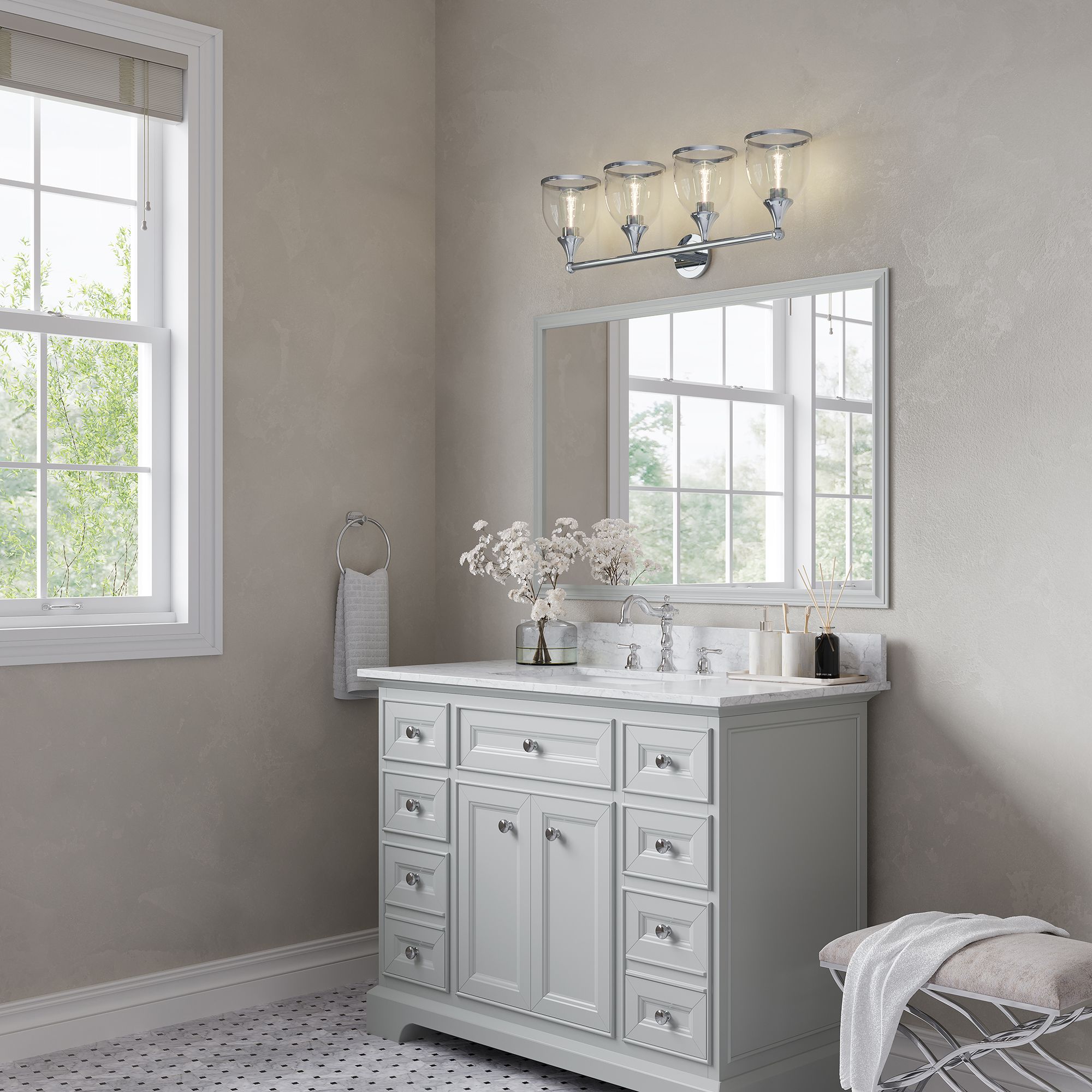 4 Light Polished Chrome Large Vanity Sconce with Mouth Blown Clear Glass