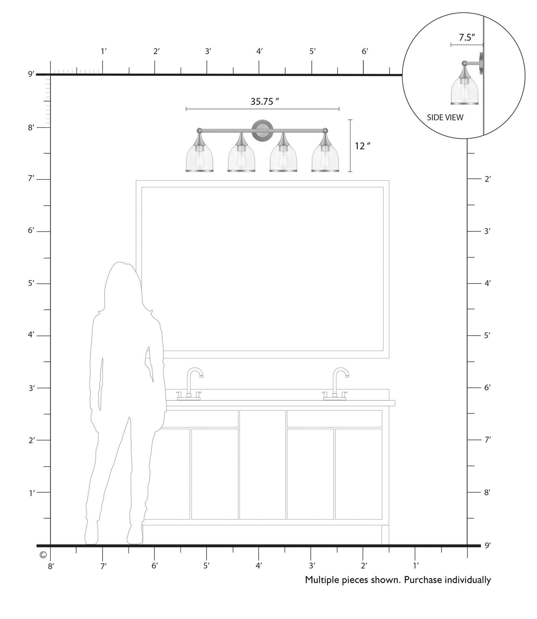 4 Light Polished Chrome Large Vanity Sconce with Mouth Blown Clear Glass