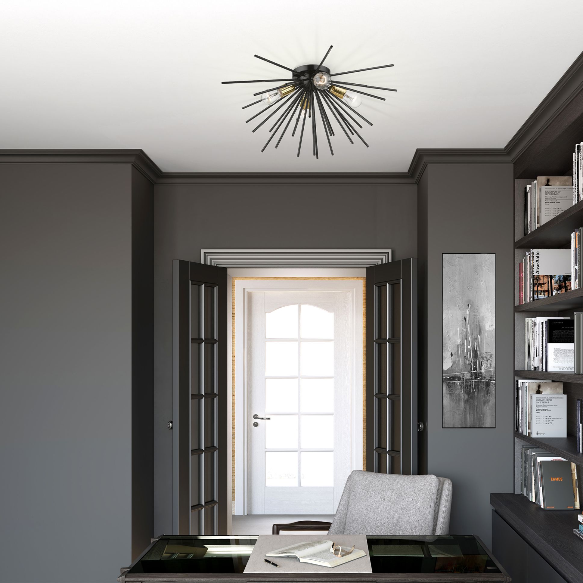 4 Light Shiny Black with Polished Brass Accents Large Flush Mount