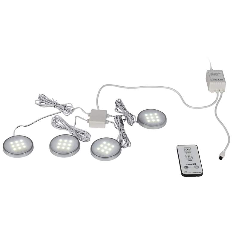 Image 1 4-Light Silver LED Puck Light Kit with Remote Control
