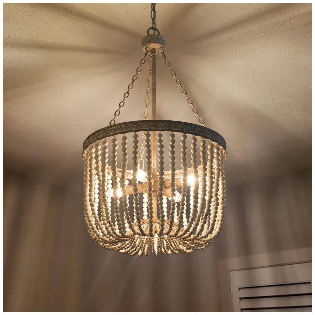 Image 3 4-Lights 15.7" W Rustic Distressed Wood Beads Chandelier more views