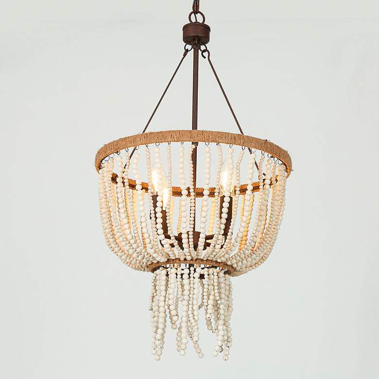 Image 1 4-Lights 17W" Coastal Distressed Brass White Wood Beads Chandelier