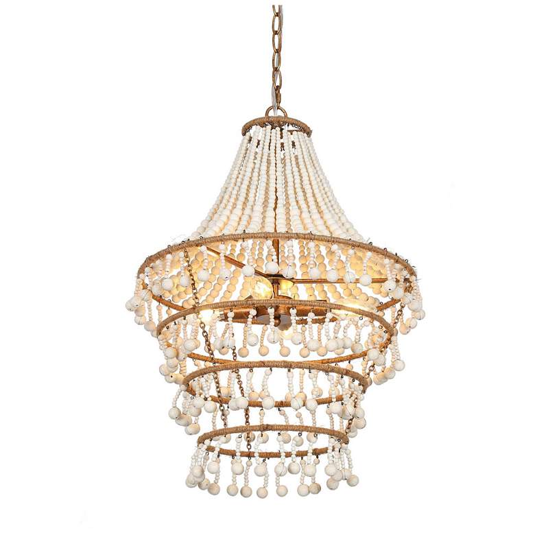 Image 1 4-Lights 17W" Coastal Distressed Brass White Wood Beads Chandelier