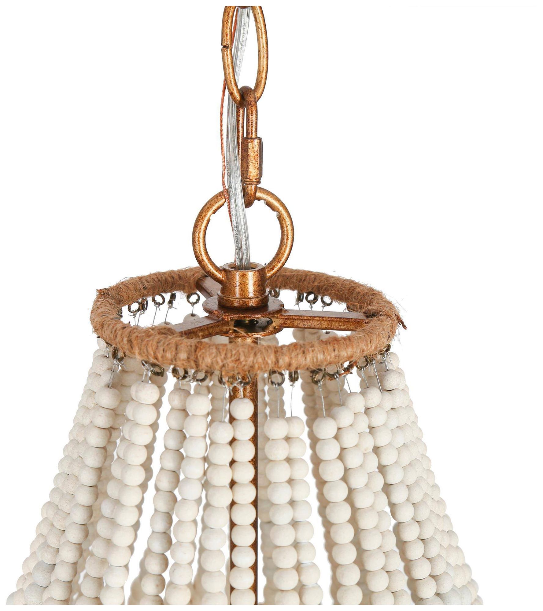 Image 2 4-Lights 17W" Coastal Distressed Brass White Wood Beads Chandelier more views