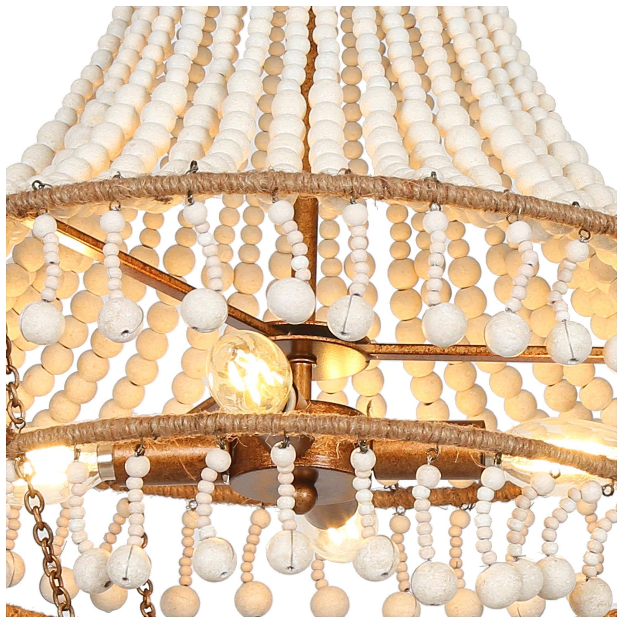 Image 4 4-Lights 17W" Coastal Distressed Brass White Wood Beads Chandelier more views