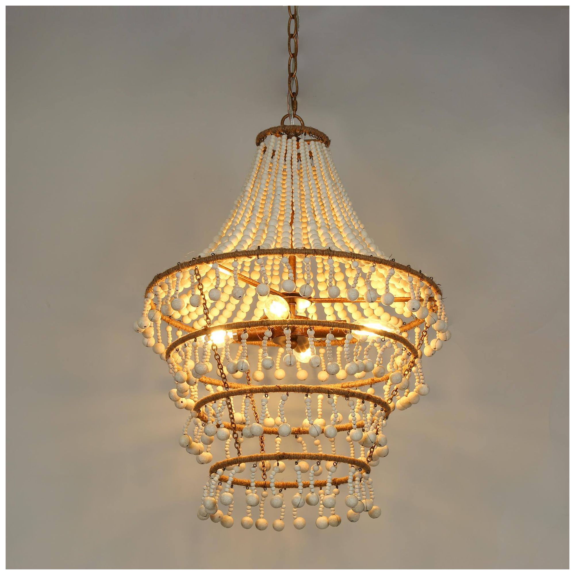 Image 5 4-Lights 17W" Coastal Distressed Brass White Wood Beads Chandelier more views