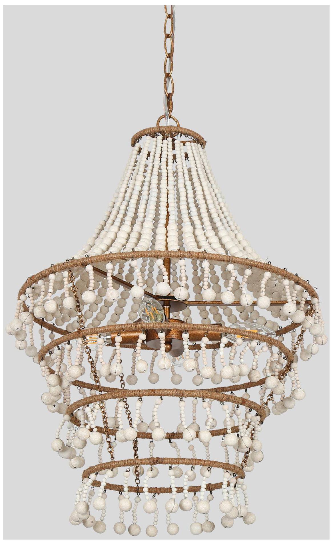 4-Lights 17W" Coastal Distressed Brass White Wood Beads Chandelier