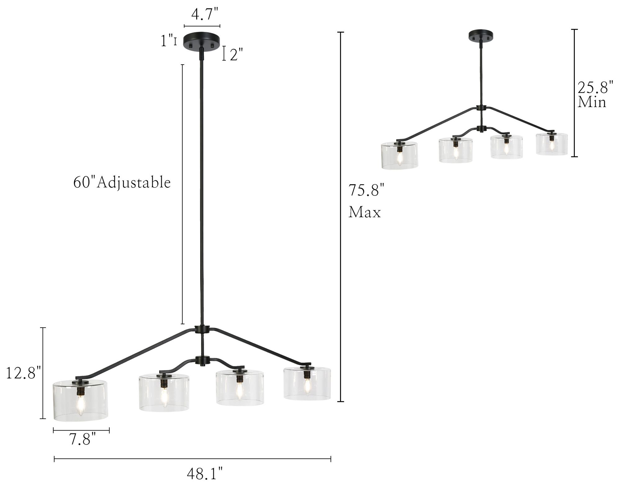 4-Lights 47.6"W Linear Matt Black Chandelier